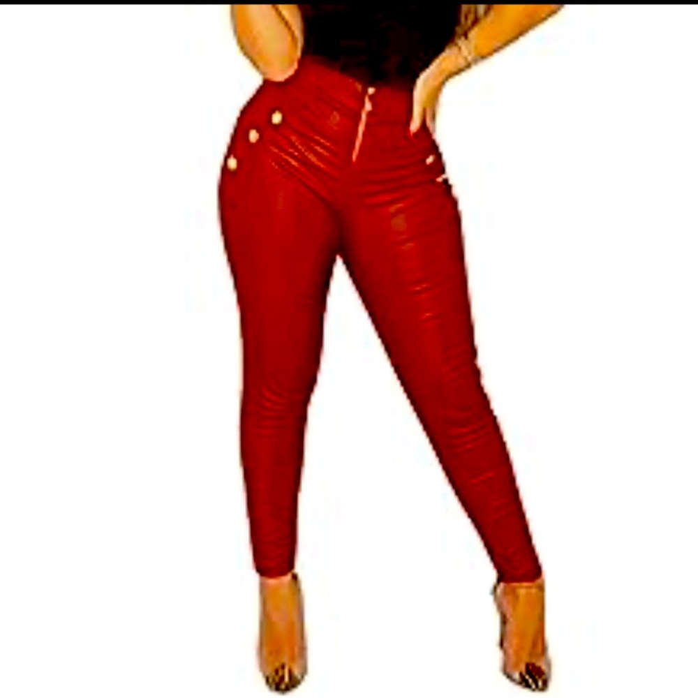 Women’s Fire Engine Red High Waisted Stretchy Faux Leather Leggings